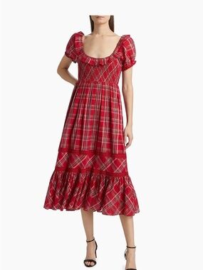 LoveShackFancy Women’s London Tartan Gerania Red Plaid Square-Neck Midi Dress